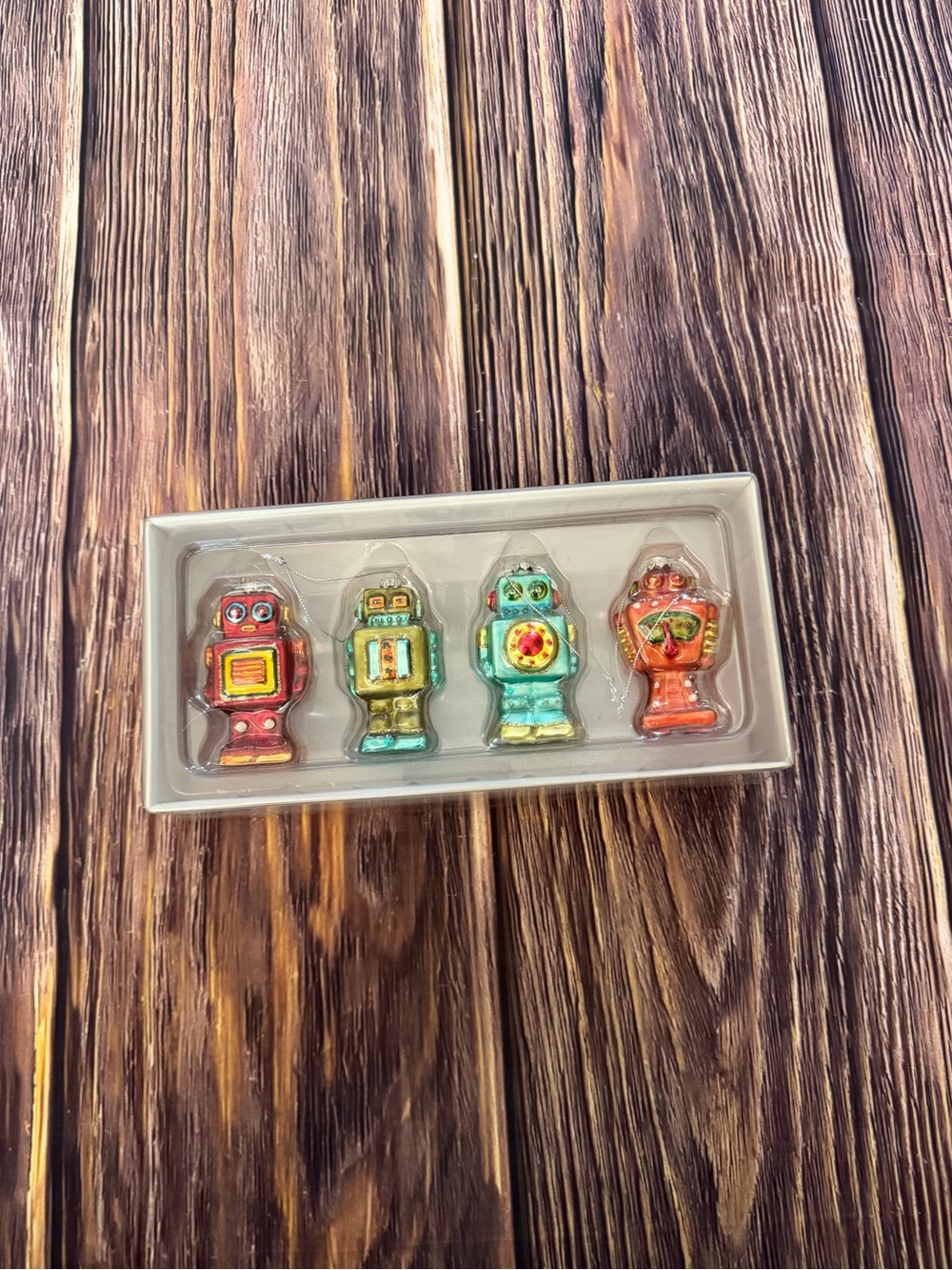 Open Box Set of 4 Mini Robot Glass Christmas Ornaments - 3"